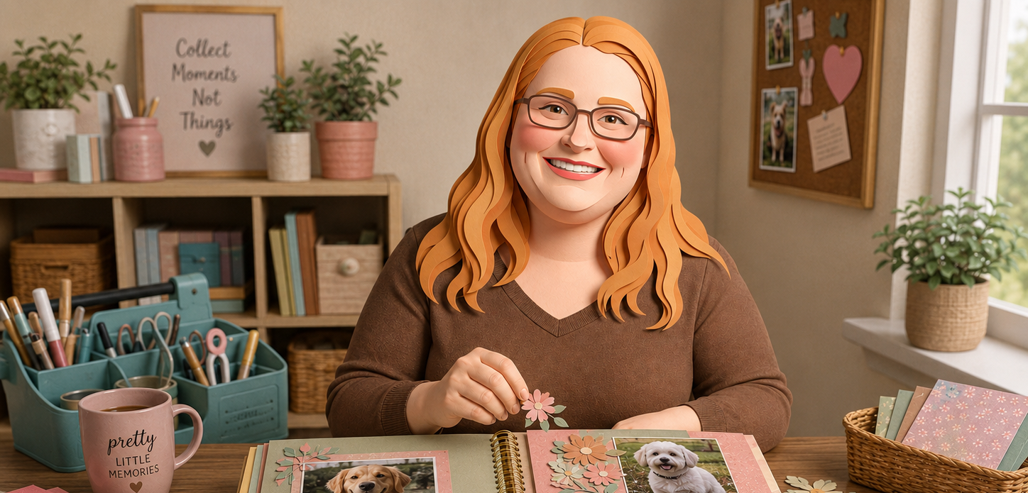 A red-head scrapbooking photos of dogs, but it looks like the photo was made out of paper